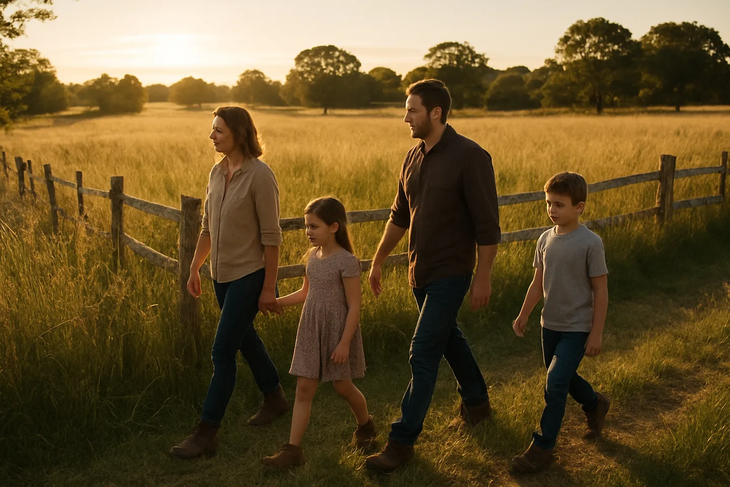 Family walking along inherited rural property