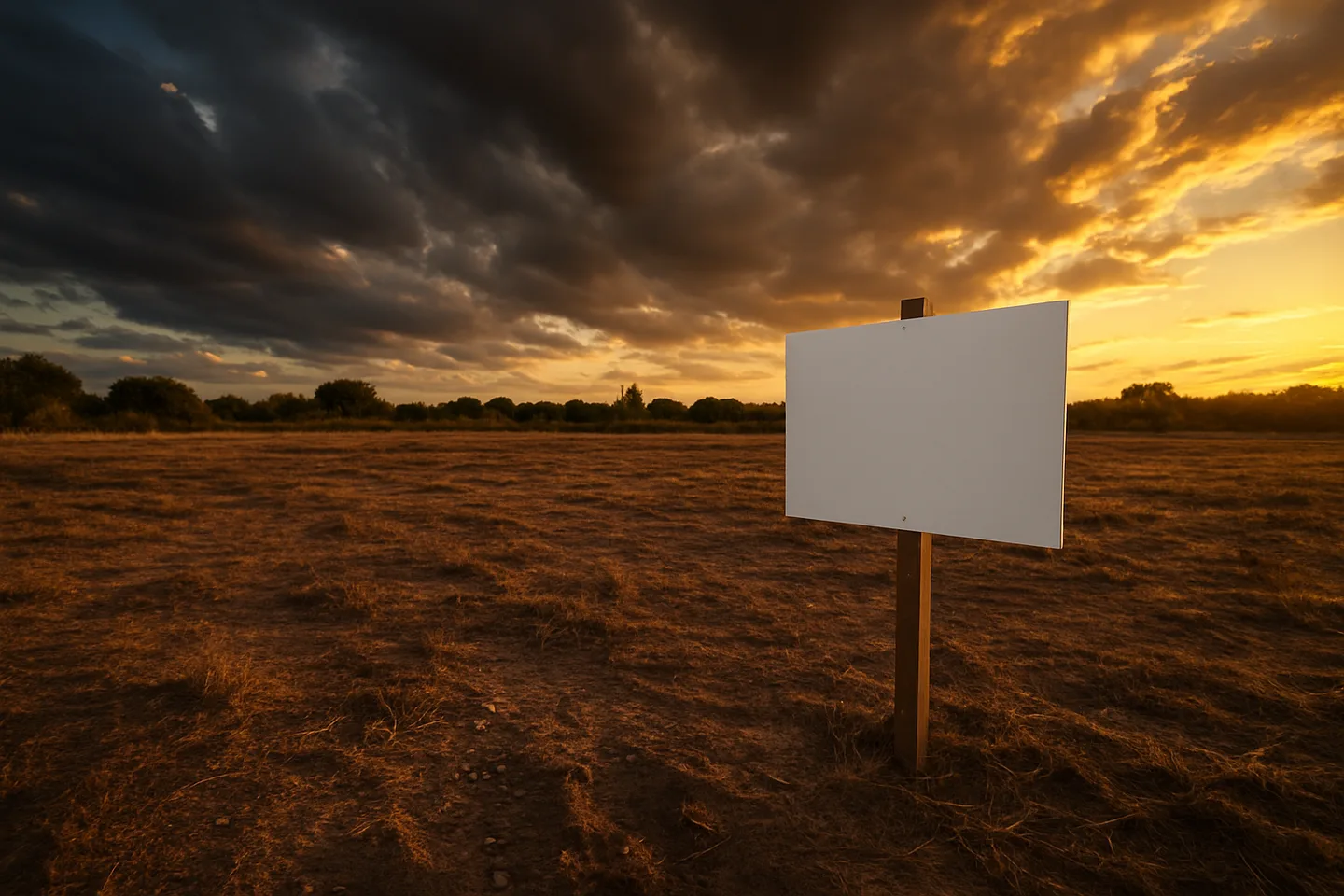 Vacant land parcel with real estate sign at golden hour