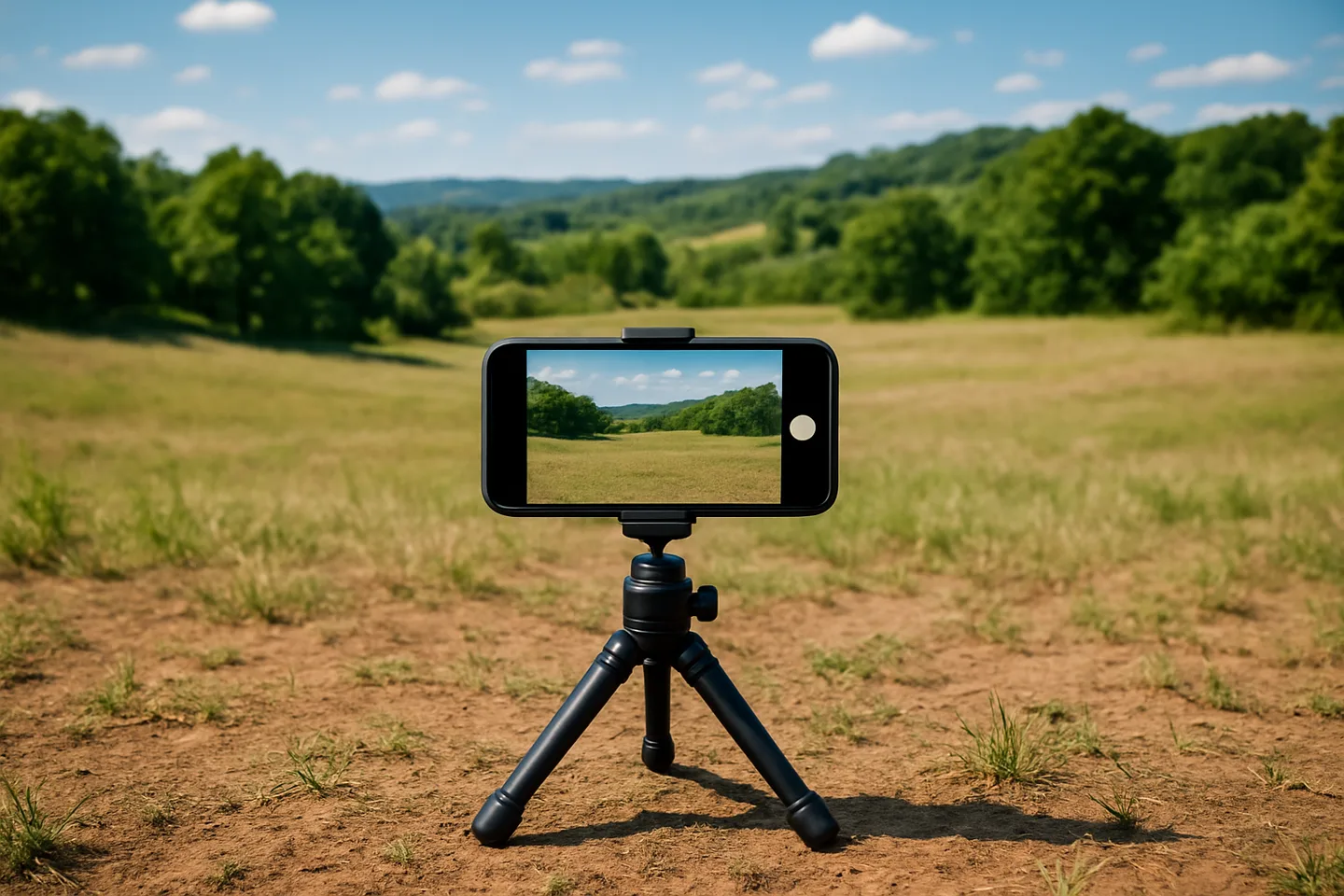 Smartphone on tripod photographing a vacant land parcel