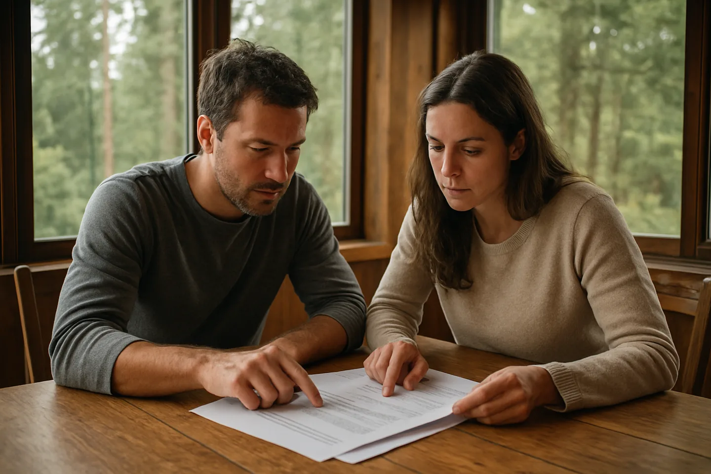 Two people reviewing land sale documents without a realtor