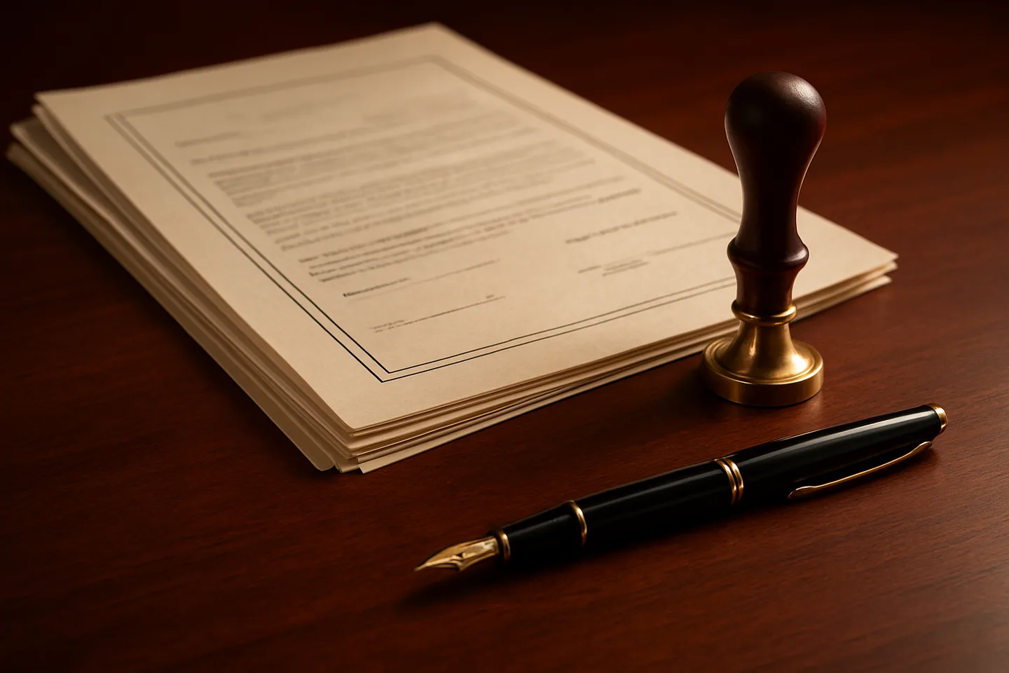 Legal land deed with notary stamp and fountain pen on desk