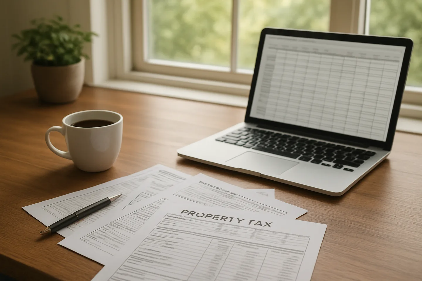 Property tax documents and laptop on a desk