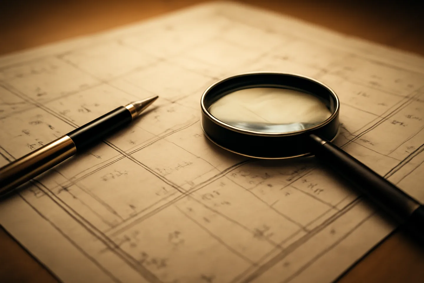Property survey map and magnifying glass on a table