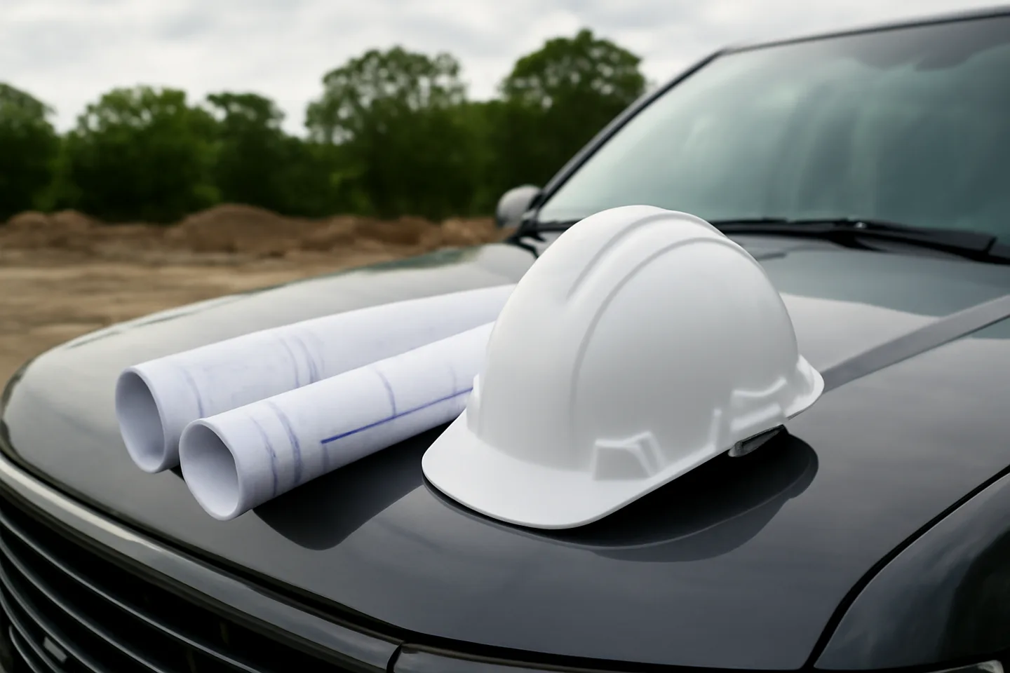 Blueprints and hard hat on a truck hood at a construction site