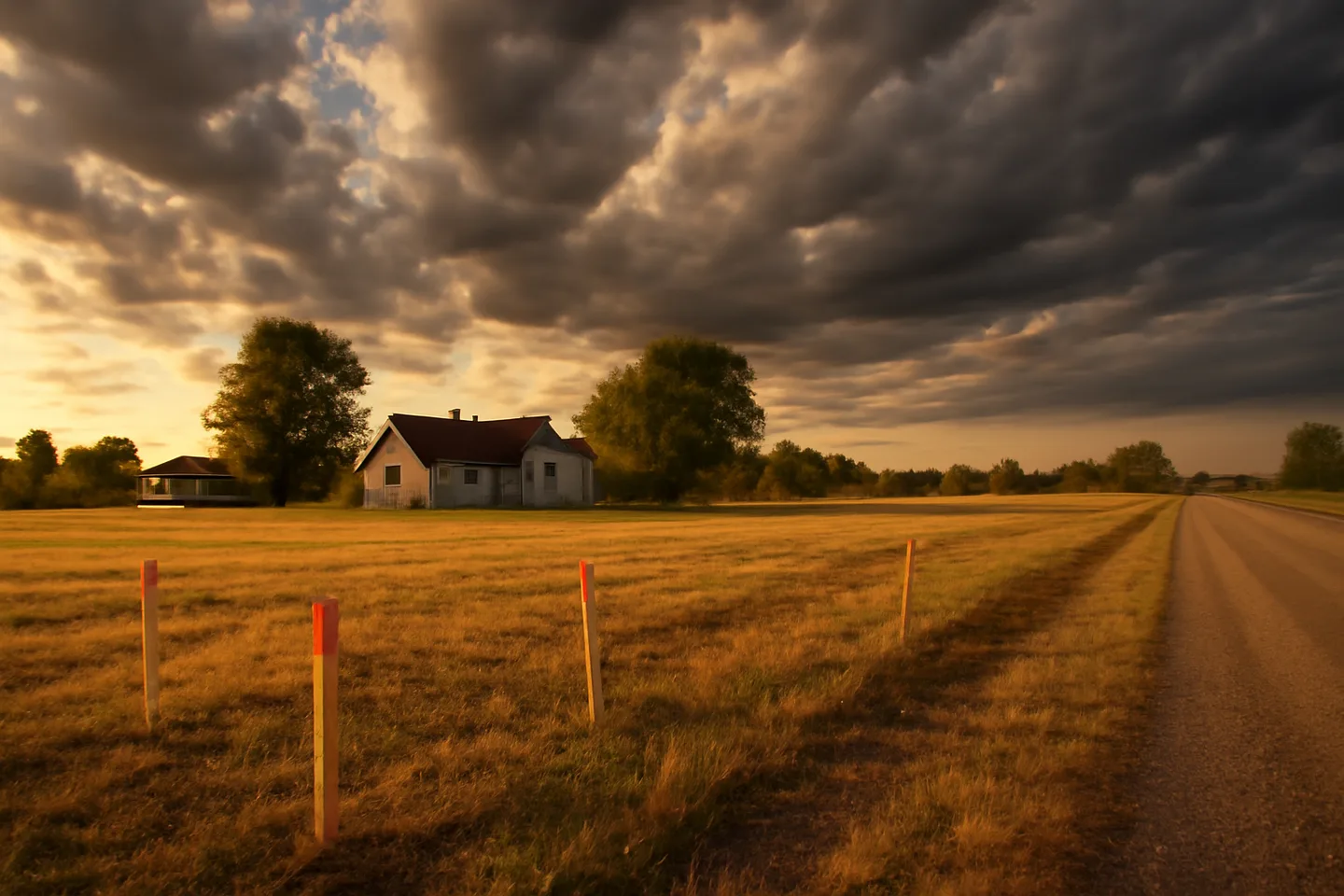Rural property with survey stakes along a county road