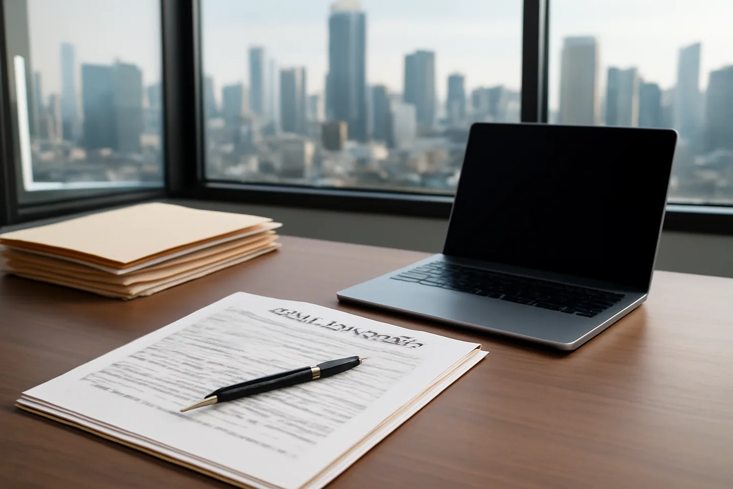 Professional office with property documents and city view