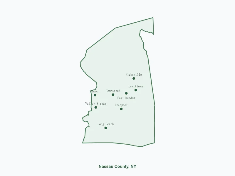 Map of Nassau County, NY showing major cities